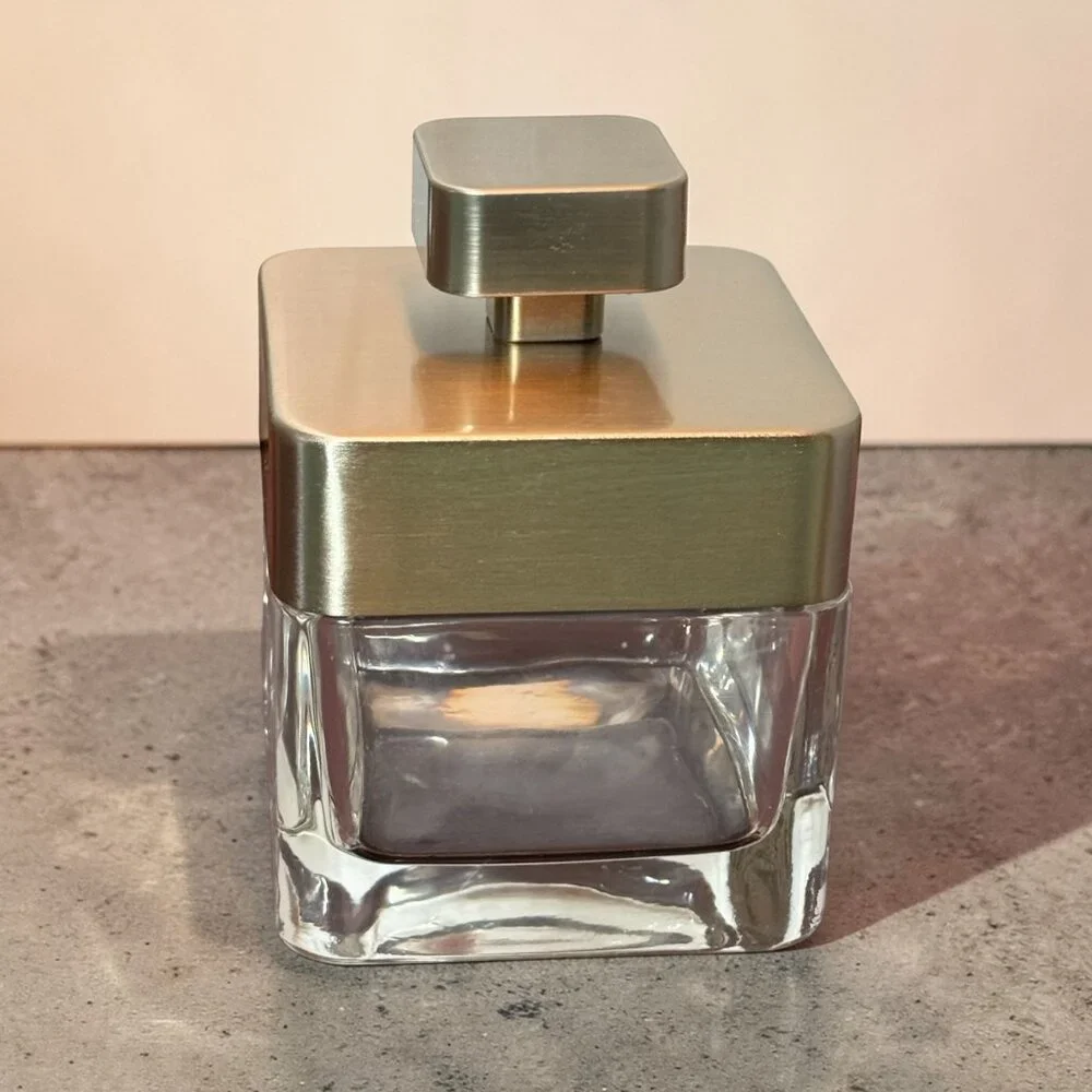 Square Thick Clear Glass Covered Storage Jar With Brushed Silver Lid